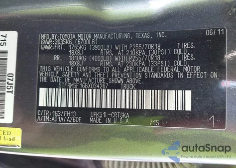 2011 Toyota Tundra Grade 4.6L V8 z USA, uszkodzony, nr VIN 5TFRM5F16BX034267